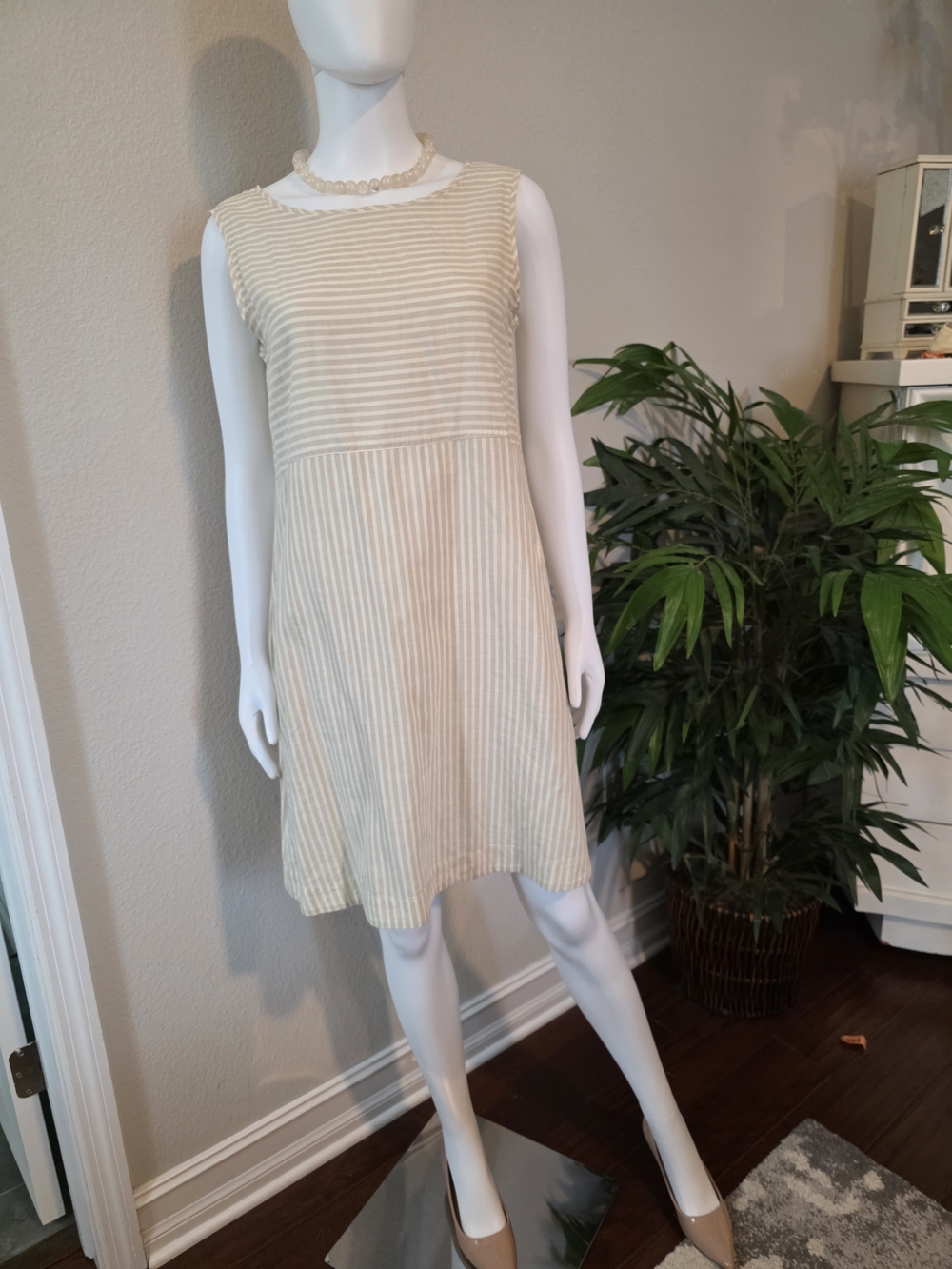 Eileen Fisher Striped Sleeveless Hemp Mini w/Pockets In Tan & Cream Size XS